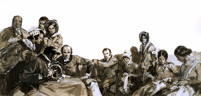 Elias Howe, dikiş makinesinin icadı (kağıt üzerine guaj boya) by English School