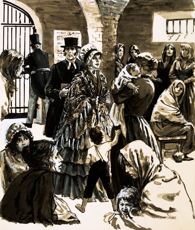 Elizabeth Fry, Newgate Hapishanesini ziyaret ettikten sonra hapishane reformu için kampanya yürüttü (kağıt üzerinde guaj) by English School