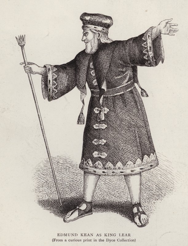 İngiliz aktör Edmund Kean, Shakespeare'in King Lear'ında (litho) başrolde by English School