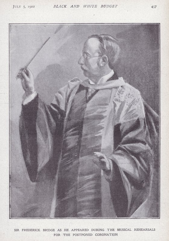 İngiliz besteci, org ve orkestra şefi Sir Frederick Bridge, Kral Edward VII'nin ertelenen taç giyme töreni için prova yapıyor by English School