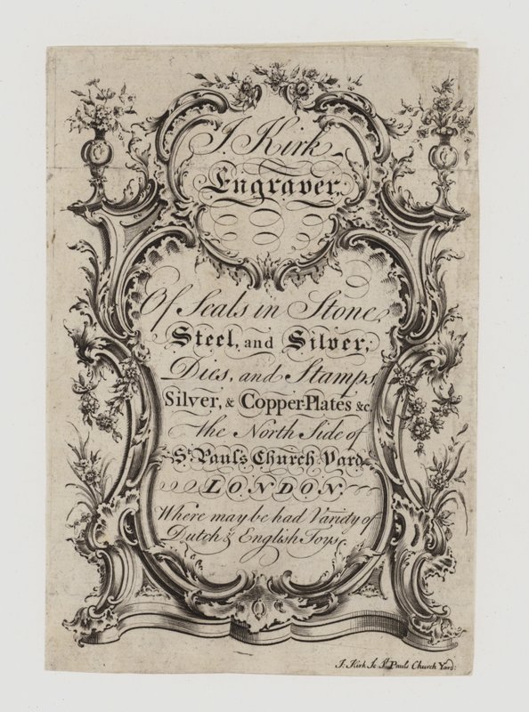 Mühürlerin Gravürleri, J Kirk, ticaret kartı by English School