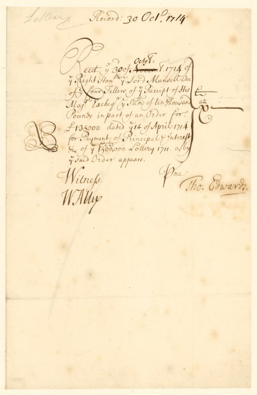 1711 piyango için hazine makbuzu by English School
