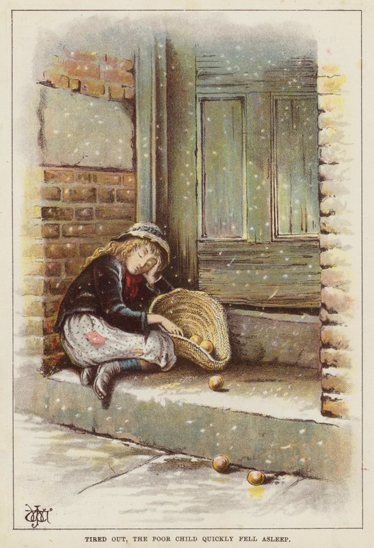 Karda bir kapının eşiğinde uyuyan yorgun çocuk (chromolitho) by English School