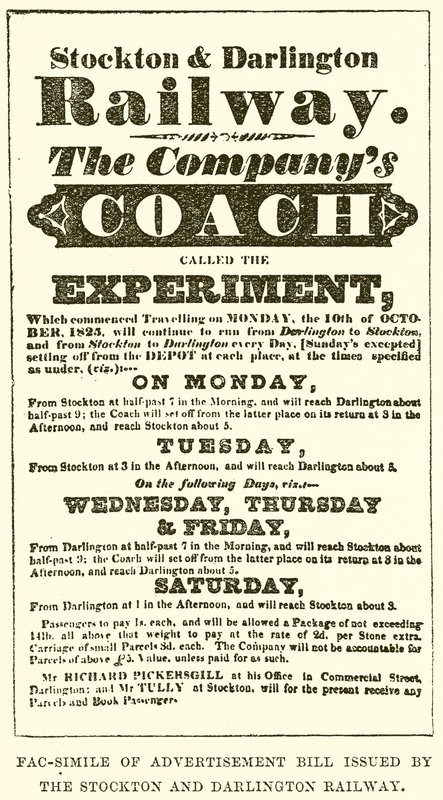 Stockton ve Darlington Demiryolu tarafından yayınlanan Reklam Yasasının Fac-Simile by English School