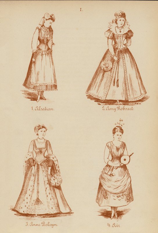 Süslü kıyafetler: Alsas, Amy Robsart, Anne Boleyn, Air (litho) by English School