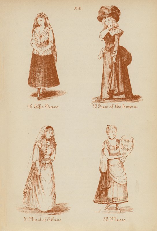 Süslü elbise kıyafetleri: Effie Deane, İmparatorluğun Elbisesi, Atina Hizmetçisi, Müzik (litho) by English School