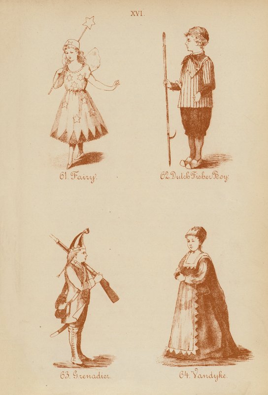 Süslü kıyafetler: Peri, Hollandalı Balıkçı Çocuk, Grenadier, Vandyke (lito) by English School
