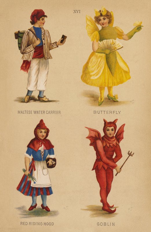 Süslü elbise kıyafetleri: Malta Su Taşıyıcısı, Kelebek, Kırmızı Başlıklı Kız, Goblin (renkli litho) by English School