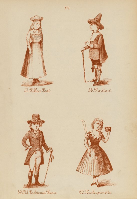 Süslü elbise kıyafetleri: Pillar Post, Puritan, Old Fashioned Bean, Harlequinette (litho) by English School