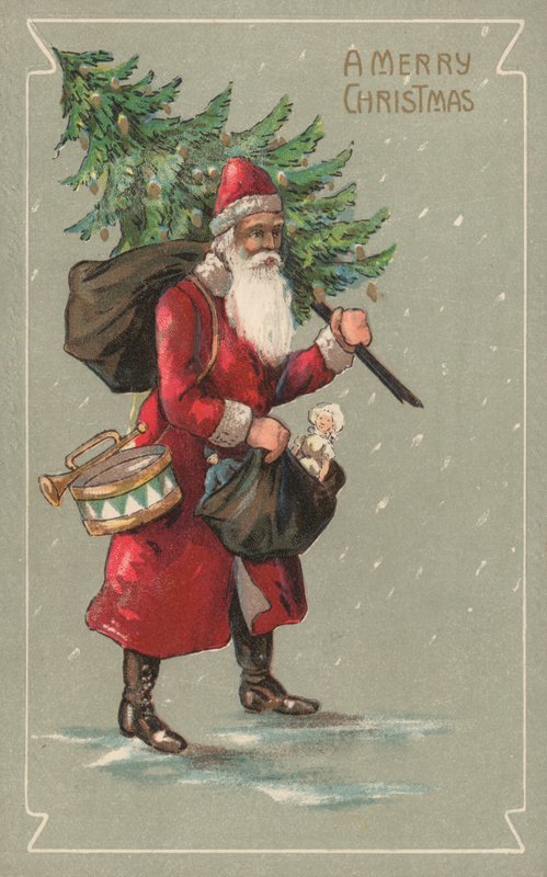 Bir çuval oyuncak ve bir Noel ağacı taşıyan Noel Baba by English School