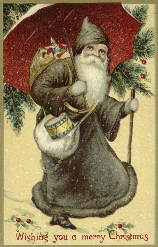 Bir kürk mantolu Noel Baba, hediyeler taşıyor by English School