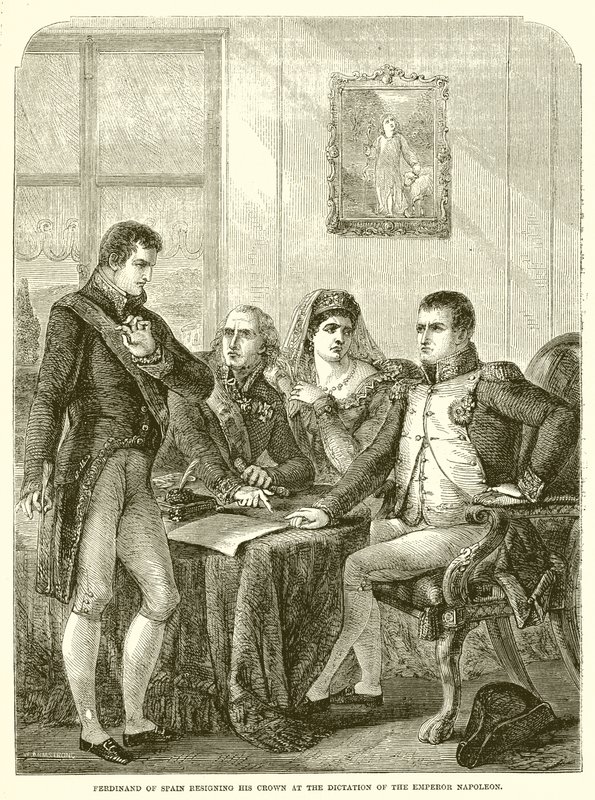 İspanya Kralı Ferdinand, İmparator Napolyon'un Diktesi üzerine tahtından istifa etti. by English School