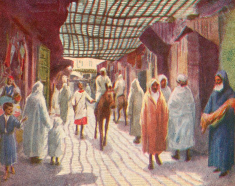 Fez, Gölgeli Bir Sokak (renkli taş baskı) by English School