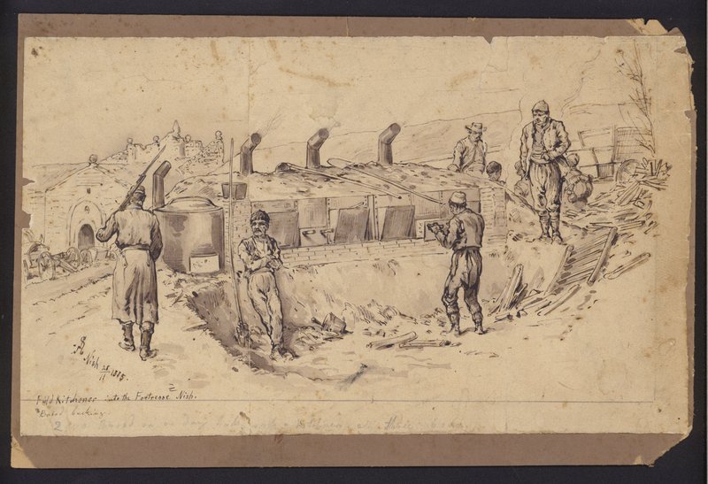 Nis kalesine sahra mutfağı, Sırbistan, Sırp-Bulgar Savaşı, 28 Kasım 1885 (çizim) by English School