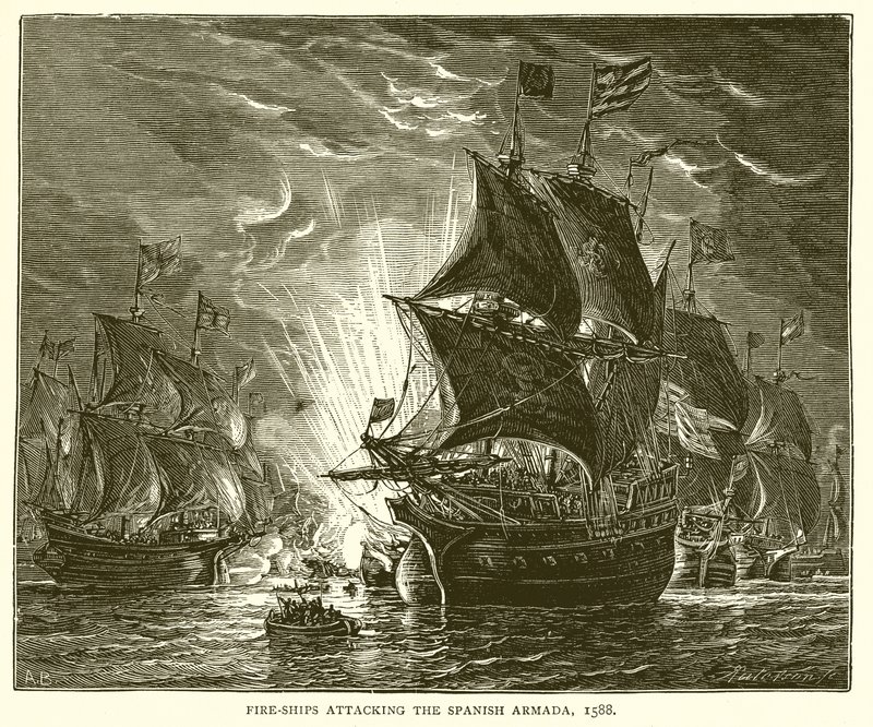 İspanyol Armadasına saldıran ateş gemileri, 1588 by English School