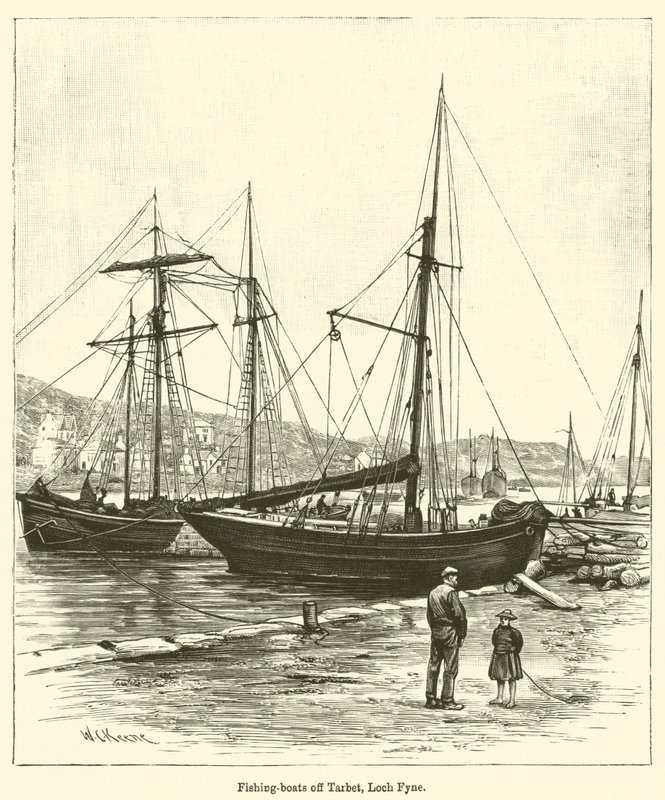 Tarbert, Loch Fyne açıklarında balıkçı tekneleri (gravür) by English School