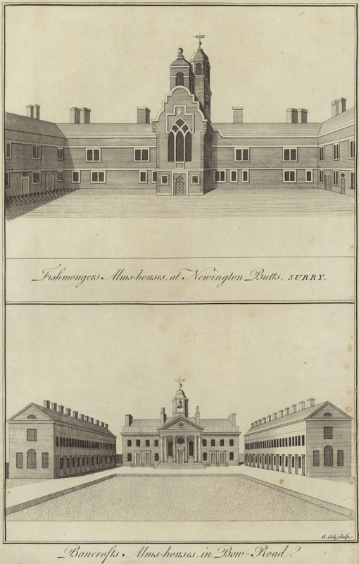 Fishmongers Almshouses, Newington Butts ve Bancrofts Almshouses, Bow Road, Londra by English School