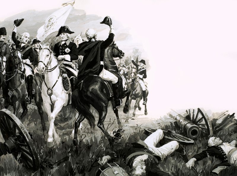 Prusya kralı Büyük Frederick, birlikleriyle savaşta (kağıt üzerinde guaş) by English School