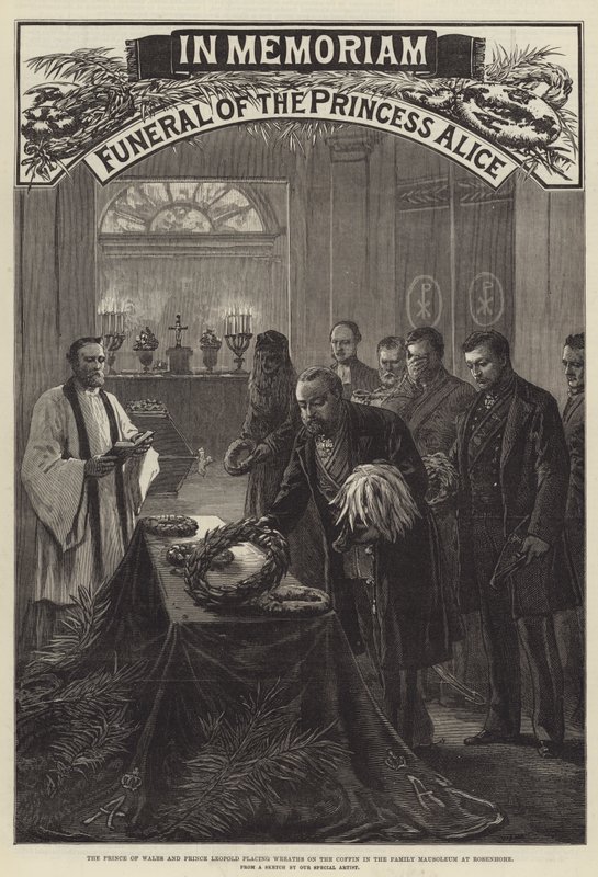 Prenses Alice, Galler Prensi ve Prens Leopold'un Rosenhohe'deki Aile Mozolesi'ndeki Tabuta Çelenkler koyarak cenaze töreni (gravür) by English School
