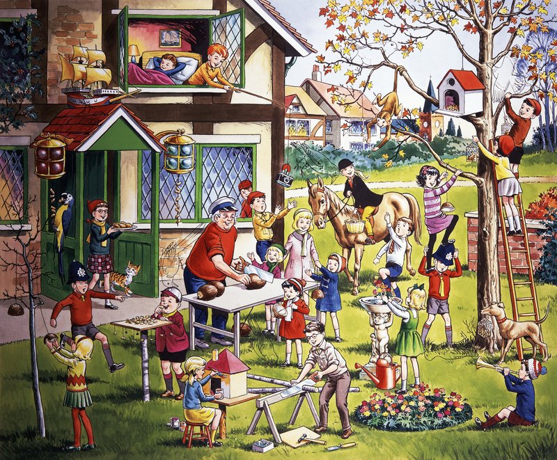 Garden scene with children (with hidden objects) by English School