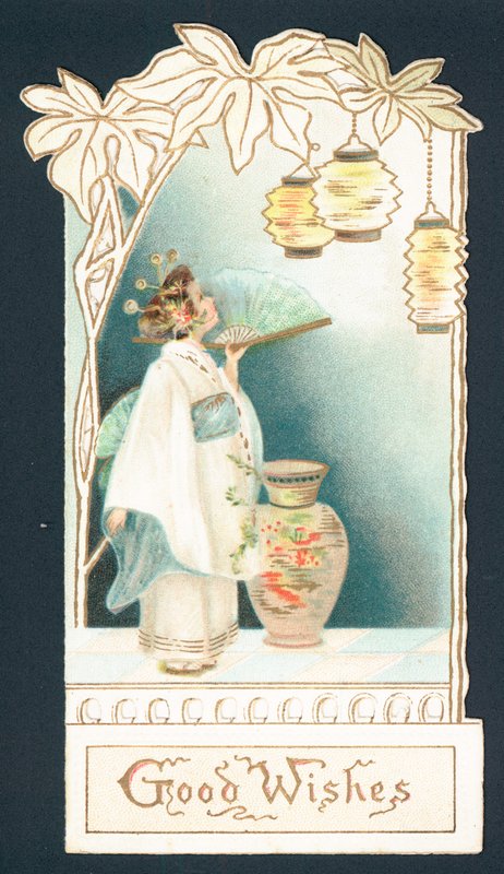 Fenerlere bakan geyşa kız, Noel kartı (chromolitho) by English School
