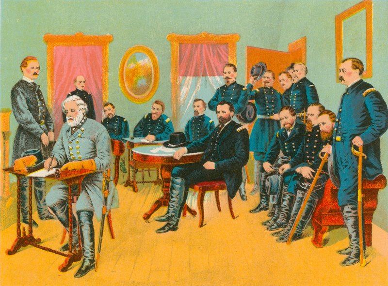 General Lee, General Grant tarafından hazırlanan barış şartlarını imzalıyor by English School