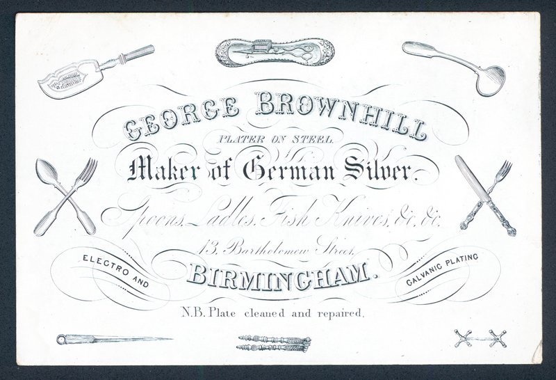 George Brownhill, Alman gümüşü üreticisi, ticaret kartı by English School