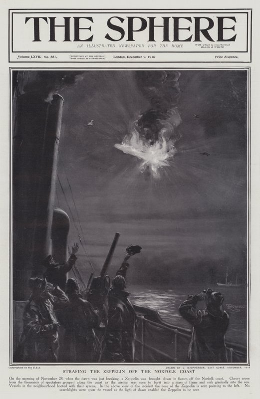 Alman Zeplin zeplin Norfolk kıyılarında alevler içinde düşürüldü, I. Dünya Savaşı, 28 Kasım 1916 (litho) by English School