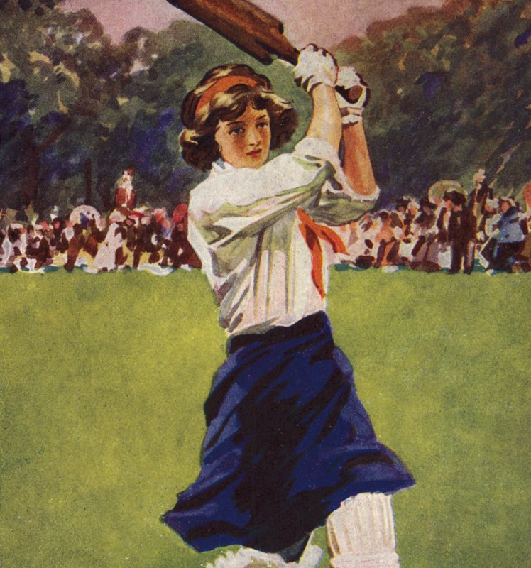 Bir kriket oyununda vuruş yapan kız (renkli taş) by English School