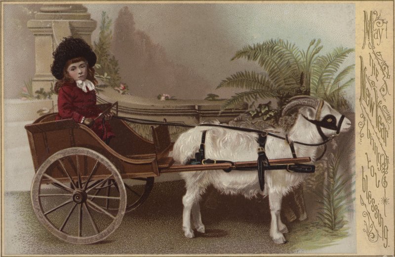 Keçi arabasındaki kız, yılbaşı tebrik kartı (chromolitho) by English School