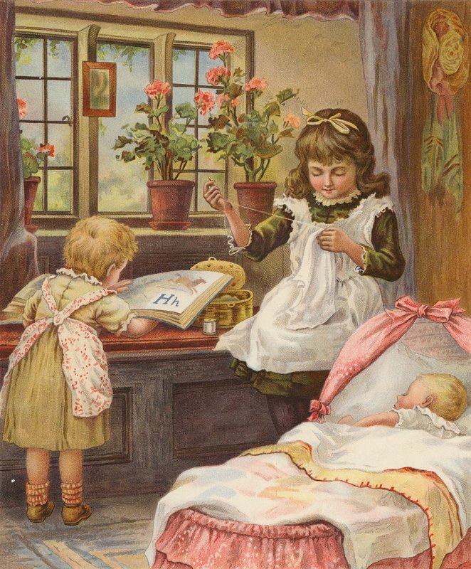 Küçük kardeşlerine bakan kız (kromolito) by English School
