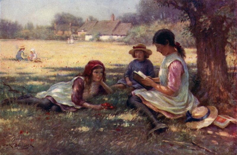 Diğer çocuklara peri masalı okuyan kız (renkli taş) by English School