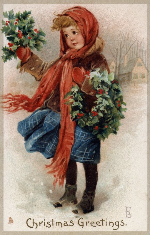 Kutsal ve Noel çelenkleri (chromolitho) satan kız by English School