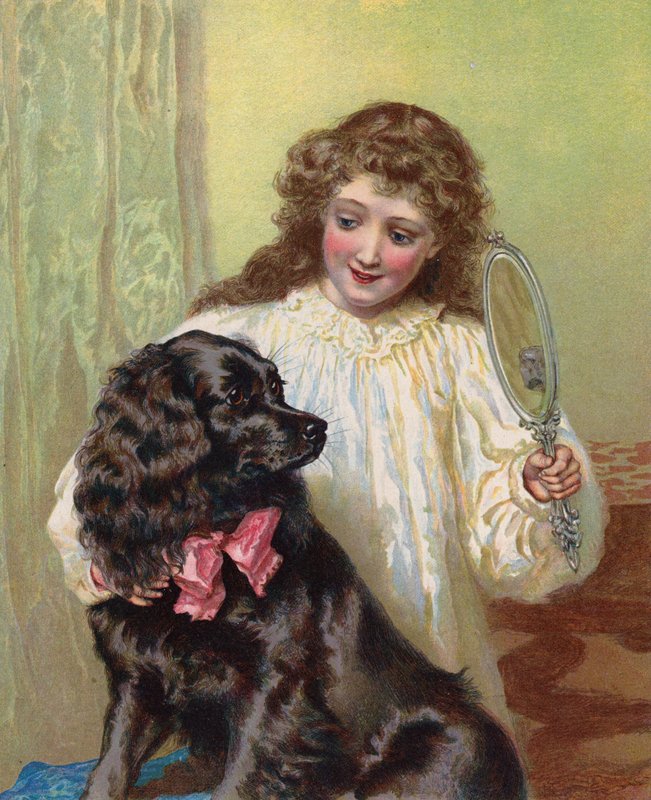 Kız, evcil köpeğine aynadaki yansımasını gösteriyor (chromolitho) by English School