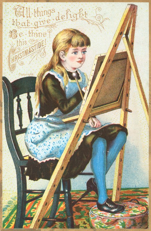 Şövale boyama, Noel kartı oturan kız by English School