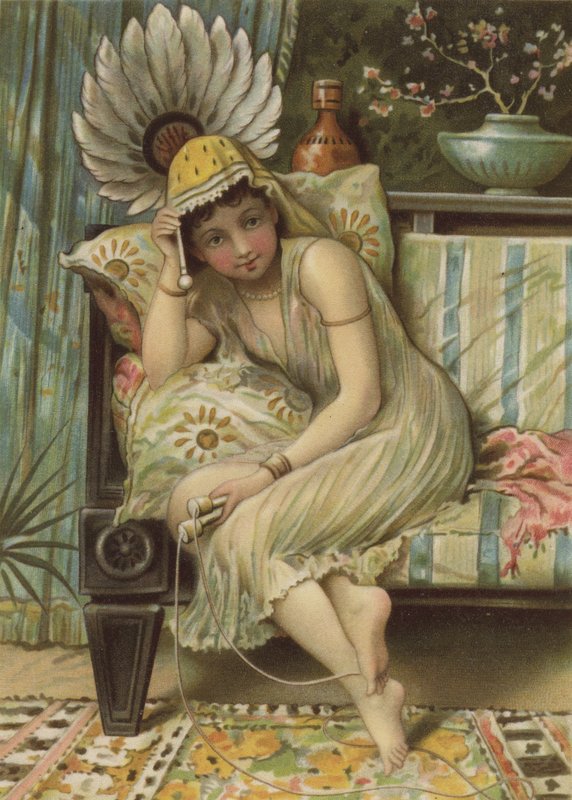 Kanepede oturan kız, atladıktan sonra (ipek üzerine renkli baskı) by English School