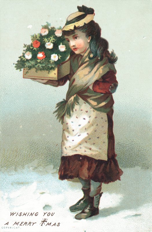 Bir kutu çiçek taşıyan karda yürüyen kız, Noel Kartı by English School