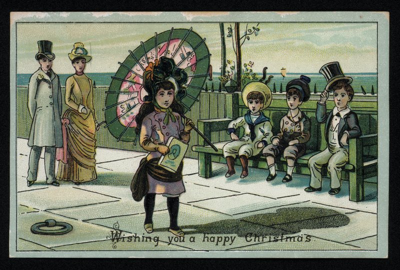 Sahil gezinti yolunda yürüyen büyük şemsiyeli kız, Noel tebrik kartı. (kromolito) by English School