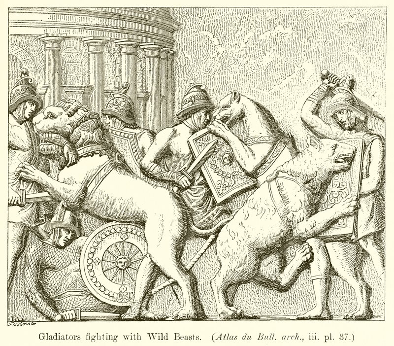 Vahşi Canavarlarla savaşan gladyatörler. (Atlas du Bull. arch., iii. pl. 37) by English School