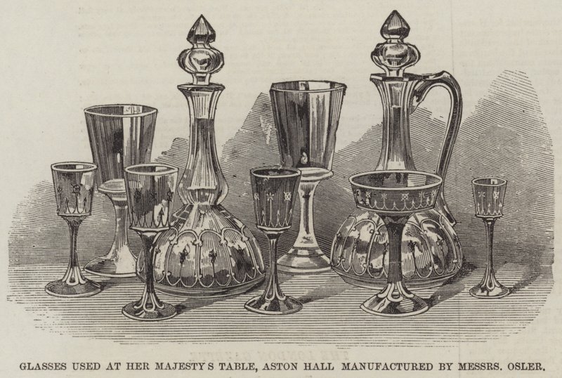 Majestelerinin Masasında kullanılan gözlükler, Messers Osler tarafından üretilen Aston Hall (gravür) by English School