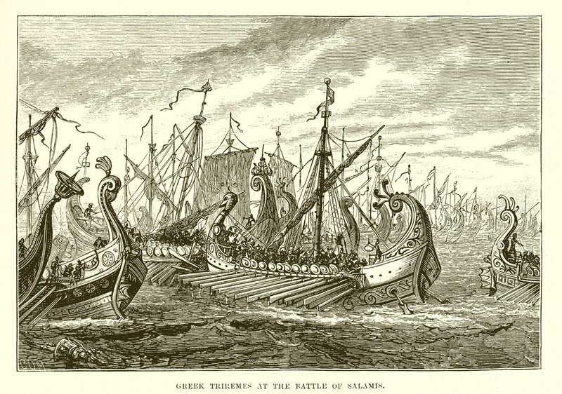 Salamis savaşında Yunan Triremleri by English School