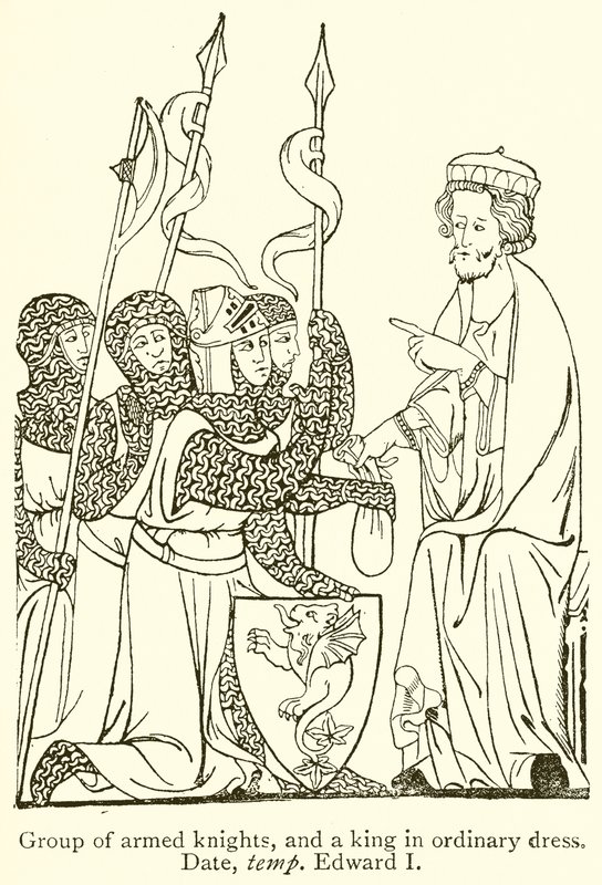 Silahlı Şövalyeler Grubu ve Sıradan Giysili Bir Kral. Tarih, Temp Edward I by English School