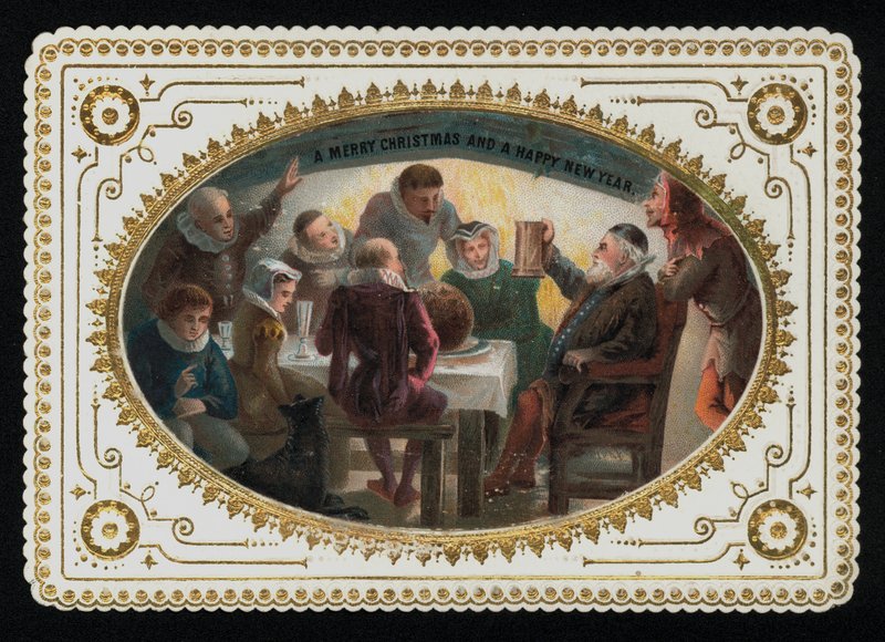 16. yüzyıldan bir grup kadın ve erkek, bayram mevsiminde kadeh kaldırıyor, Noel tebrik kartı (chromolitho) by English School