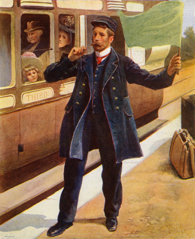 Gardiyan tren hareket etmek üzereyken düdüğünü çalıyor (renkli taş) by English School