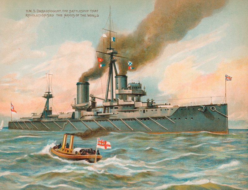 HMS Dreadnought, deniz gücünde devrim yaratan İngiliz zırhlısı (chromolitho) by English School