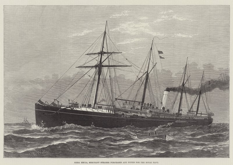 HMS Hecla, Kraliyet Donanması için satın alınan ve takılan Merchant Steamer (gravür) by English School
