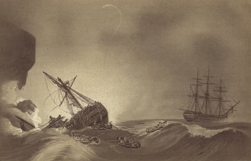 Kaptan Thomas Byam Martin tarafından komuta edilen HMS Impetueux, Kaptan J Hunter komutasındaki HMS Venerable mürettebatını kurtarıyor, Torbay, Devon