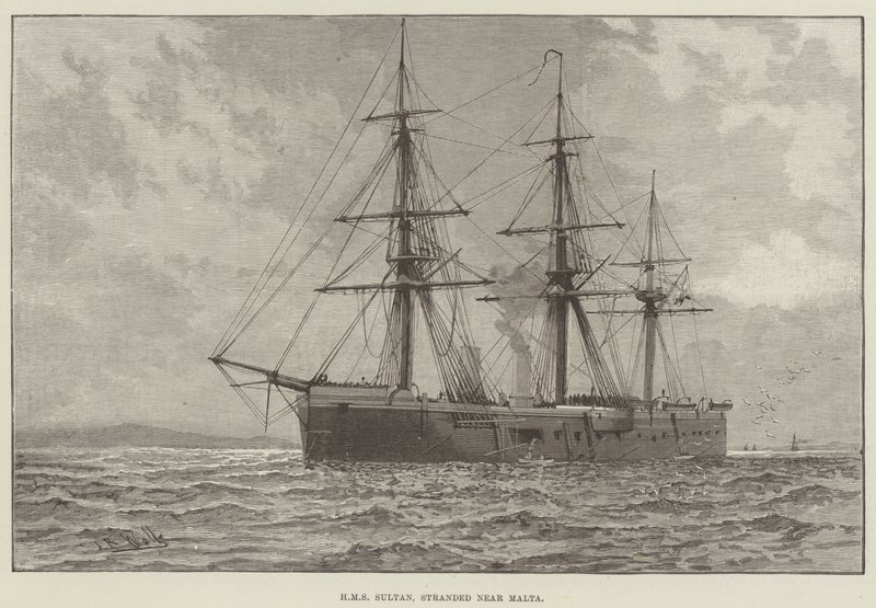 HMS Sultan, Malta yakınlarında mahsur kaldı (gravür) by English School