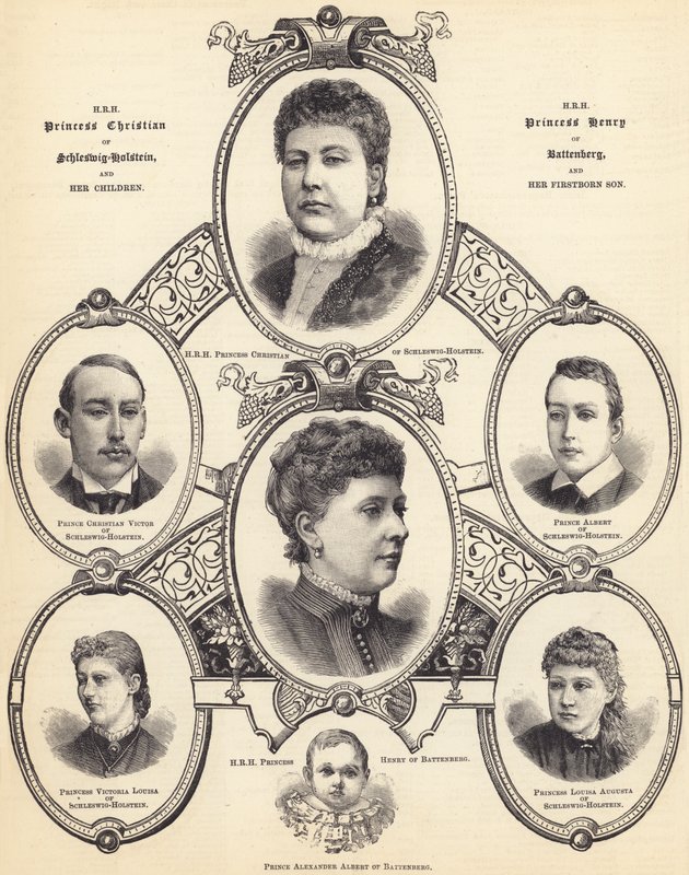 SAİK Schleswig-Holstein Prensesi Christian ve SAİK Battenberg Prensesi Henry ve Çocukları (gravür) by English School