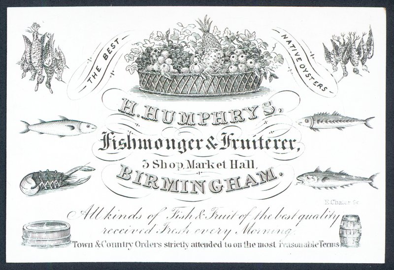 H Humphrys, Fishmonger ve Fruiterer, ticari kart by English School